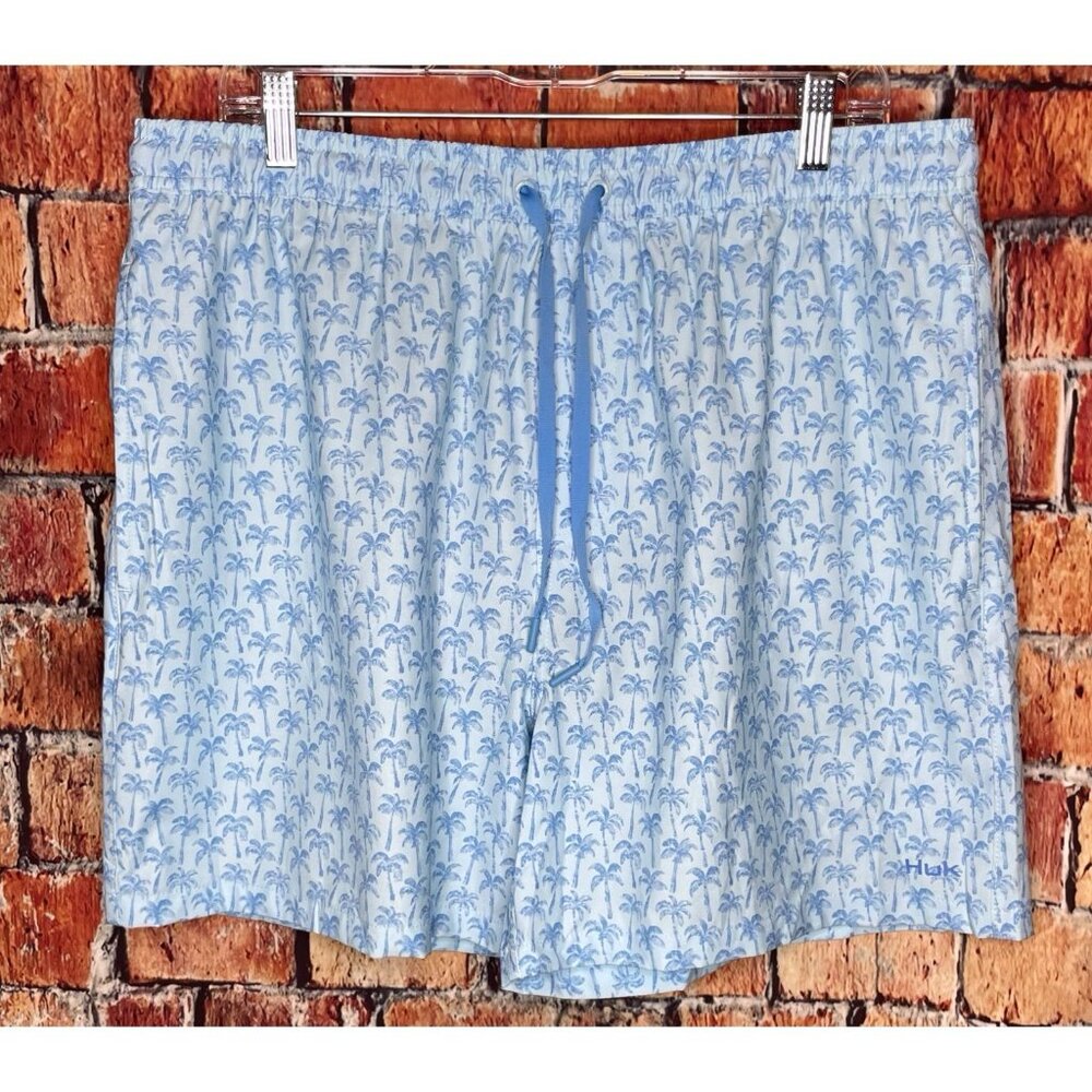 Huk Fishing Blue Palm Trees Lined Drawstring Swim Shorts Trunks Beach Men's XL
